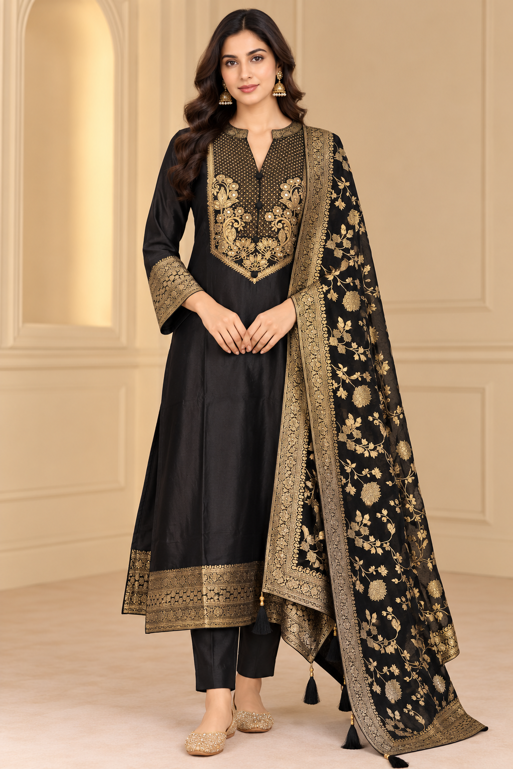 Black & Gold Embroidered Kurta Set with Printed Dupatta